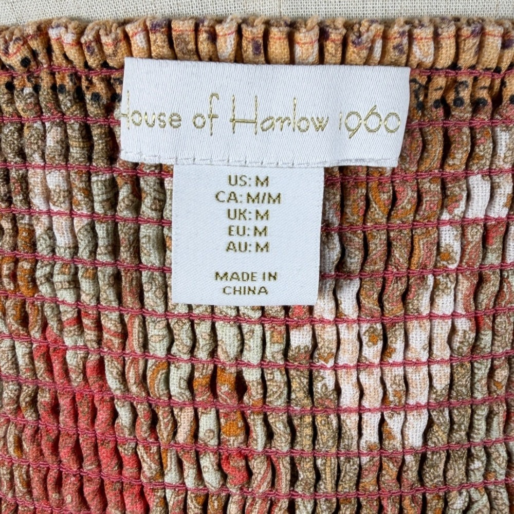 House of Harlow 1960 Orange Paisley Smocked Back Maxi Skirt Linen Blend M 33" - Picture 10 of 12